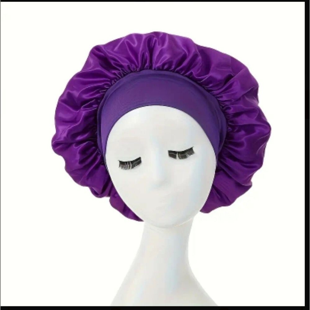Purple Satin Hair Bonnet wide band hair cap sleep  hair protector